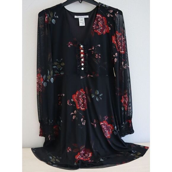 American Rag Women's Sz XL Black Joyful Floral V-Neck Center Front Ruffle Dress - Picture 3 of 15